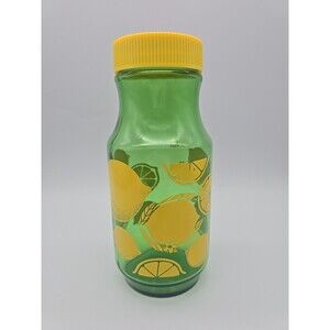 Vintage Anchor Hocking  Lemonade Jar Green Glass Painted Lemons  Screw On Lid